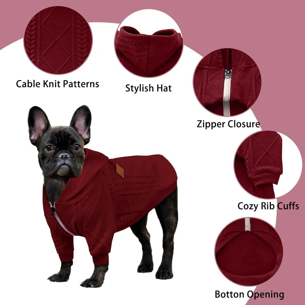 Small Dog Sweater Knitted Pet Sweaters Warm Dog Clothes with Zipper, Hooded Sweatshirt Cable Knitwear Puppy Winter Coat for Small Dogs Girl Boy Soft Cat Apparel(XL, Red)