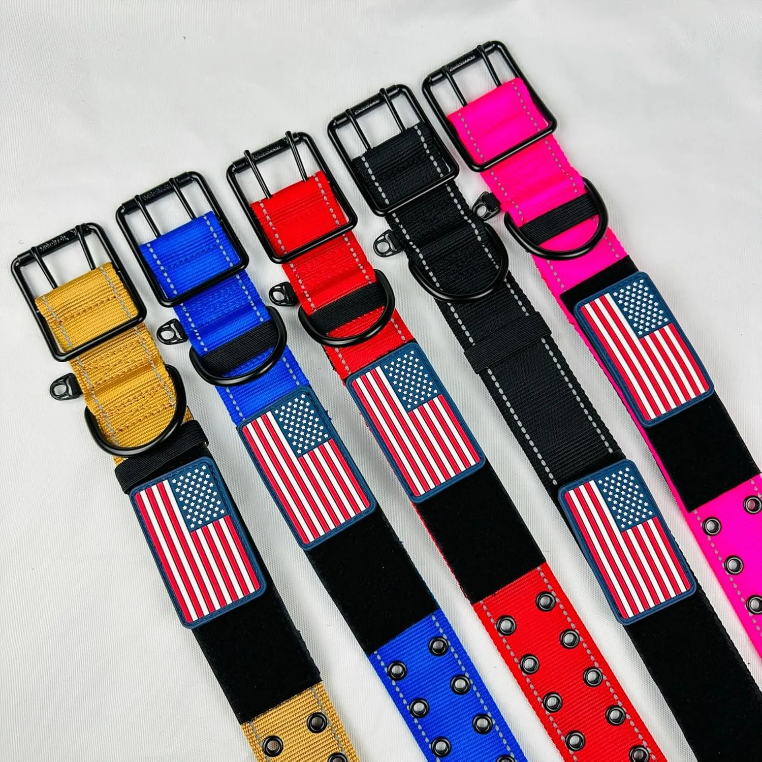 Tactical Dog Collar 2 Inch Wide Heavy Duty with Metal 2-Pin Belt Buckle for Medium, Large & XL Dogs, Thick Military-Style K9 Collar, Reflective, with Name Plate Area, USA Flag Patch, Strong & Durable