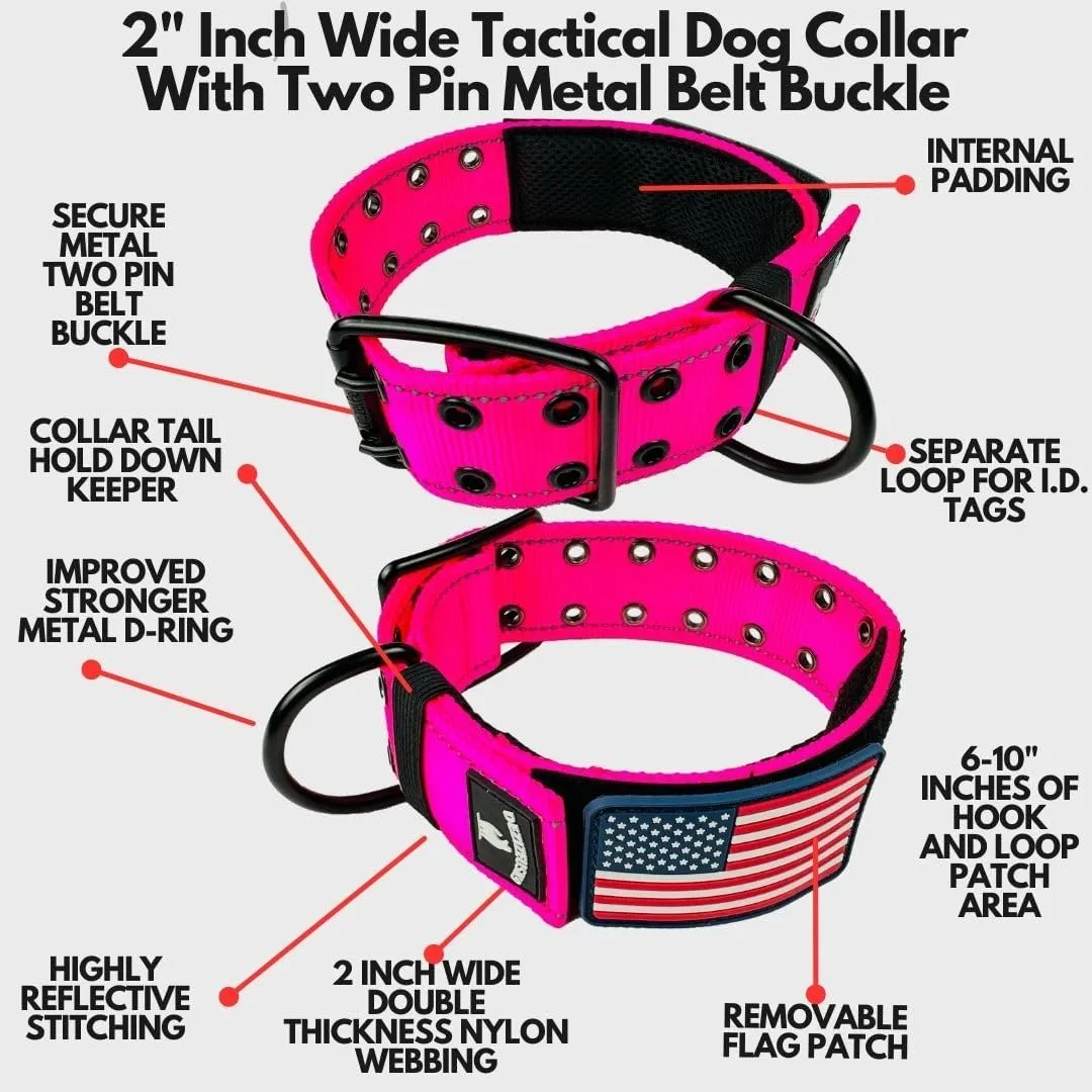 Tactical Dog Collar 2 Inch Wide Heavy Duty with Metal 2-Pin Belt Buckle for Medium, Large & XL Dogs, Thick Military-Style K9 Collar, Reflective, with Name Plate Area, USA Flag Patch, Strong & Durable