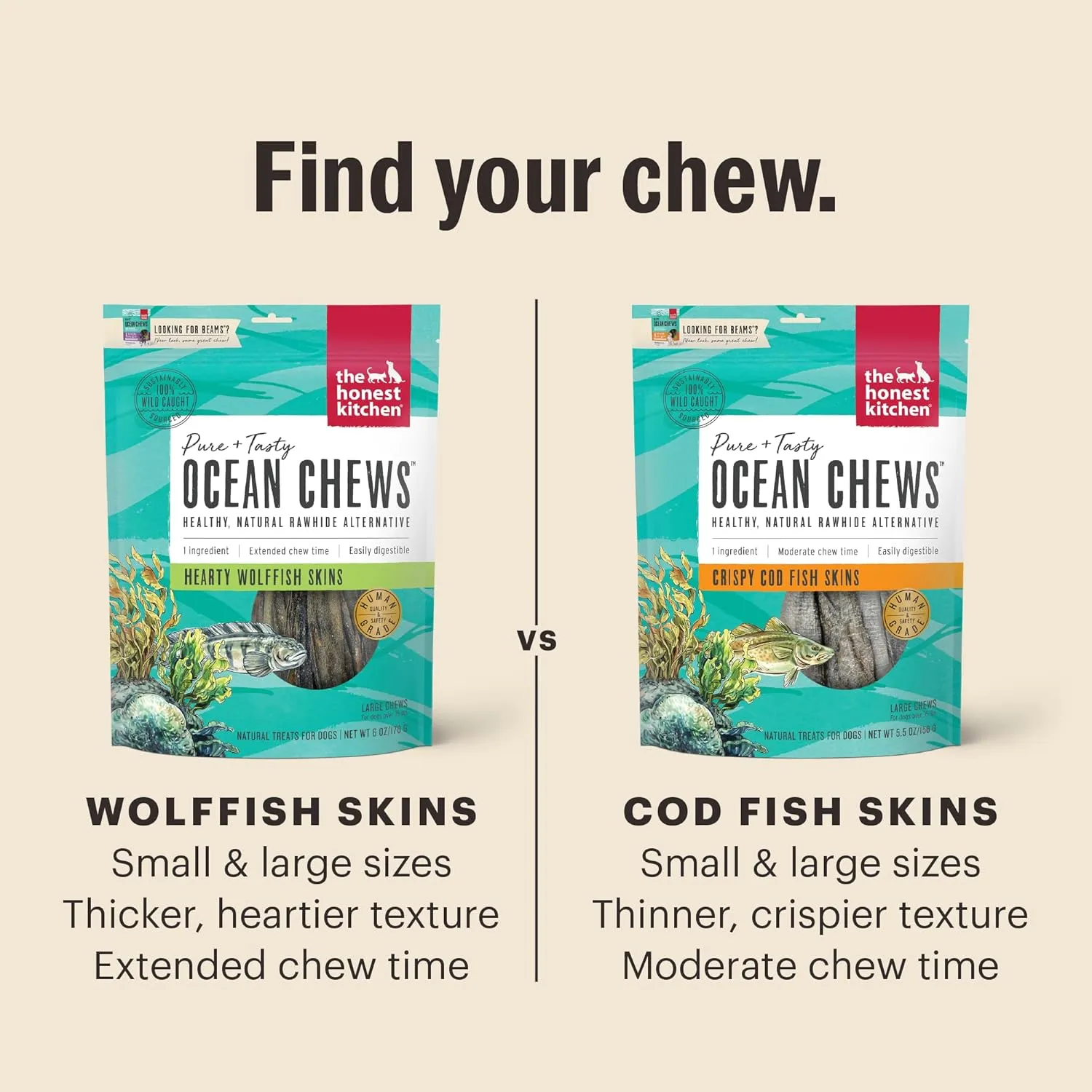 The Honest Kitchen Human Grade Ocean Chews Crispy Cod Fish Skins Dog Treats, 5.5 Ounces
