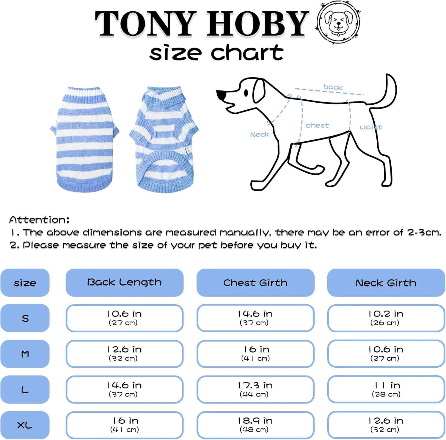 TONY HOBY Dog Sweater, Knitted Dog Sweater Shirts, Winter Dogs Shirts Clothes for Small Medium Dogs (Blue, L)