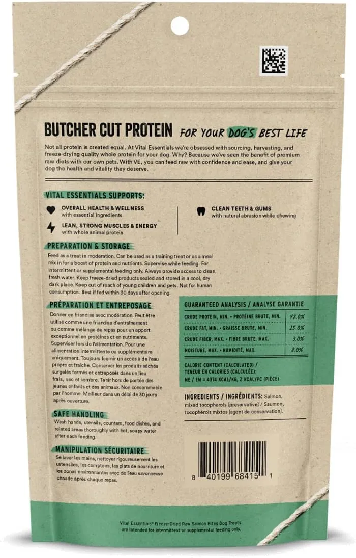 Vital Essentials Salmon Bites Dog Treats, 2.5 oz | Freeze-Dried Raw | Single Protein |Premium Quality High Protein Training Treats | Grain Free, Gluten Free, Filler Free