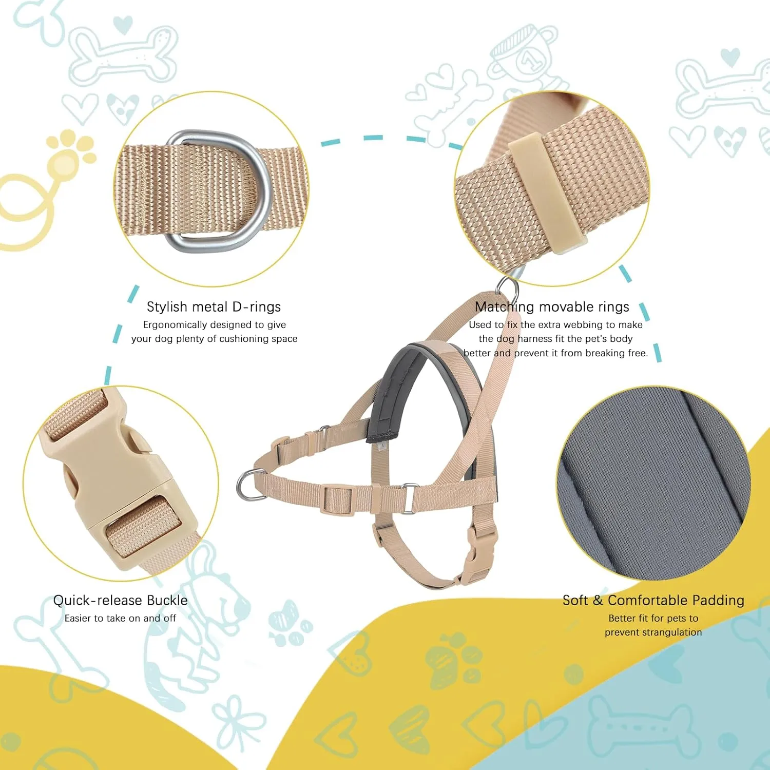 Wisedog No Pull Dog Harness - Adjustable Webbing Dog Halter Harness with Reflective Soft Padded for Large Dogs(Sand Color, M|Neck=16.5"-19"/Chest=22"-27")