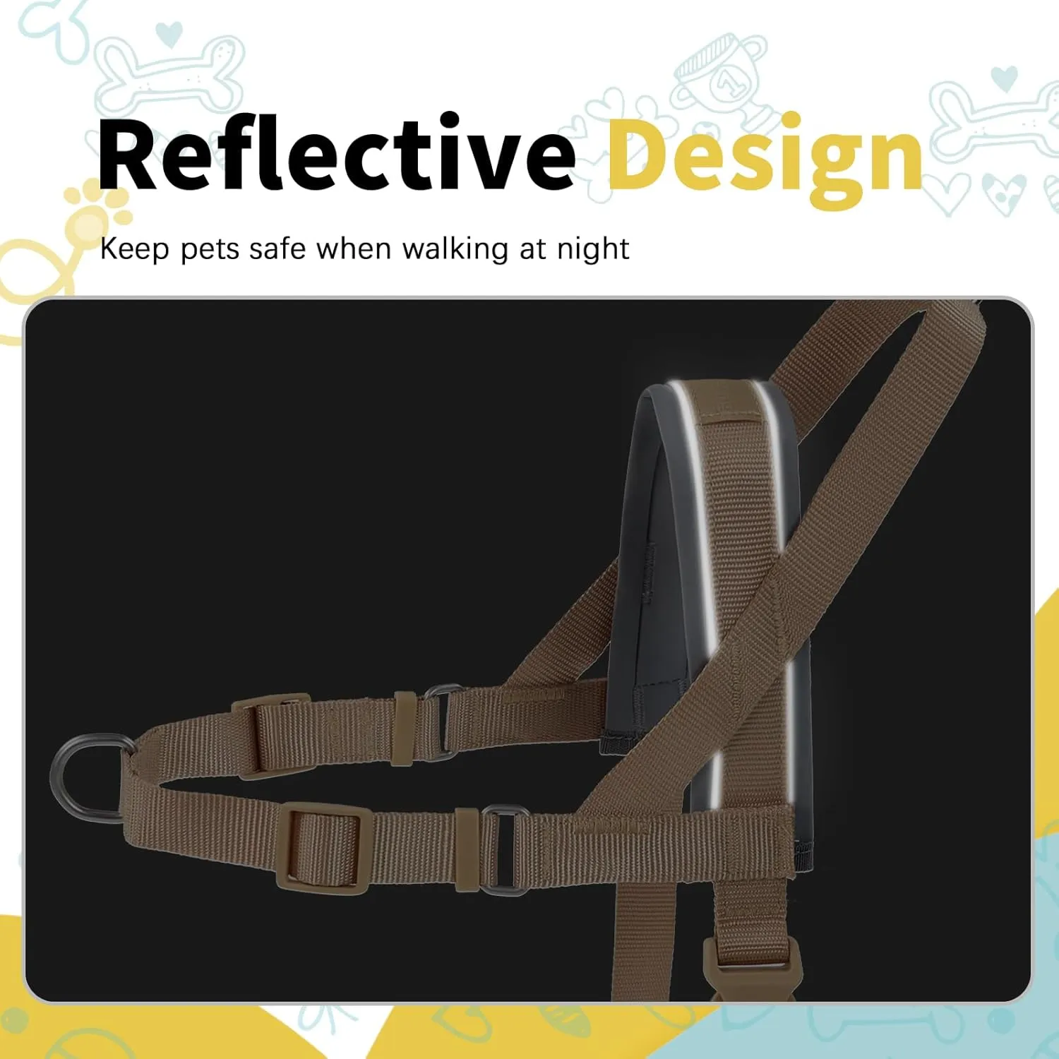 Wisedog No Pull Dog Harness - Adjustable Webbing Dog Halter Harness with Reflective Soft Padded for Large Dogs(Sand Color, M|Neck=16.5"-19"/Chest=22"-27")